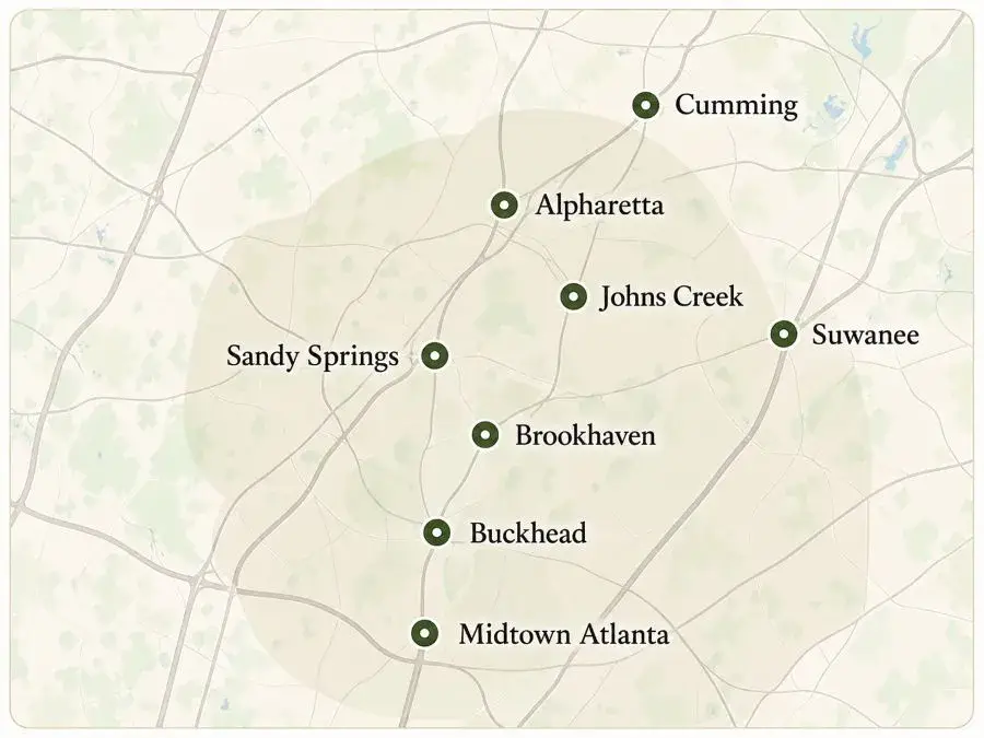 Map of AcuWellness Atlanta service areas including Buckhead, Cumming, Alpharetta, Johns Creek, Suwanee, Sandy Springs, Brookhaven, and Midtown Atlanta