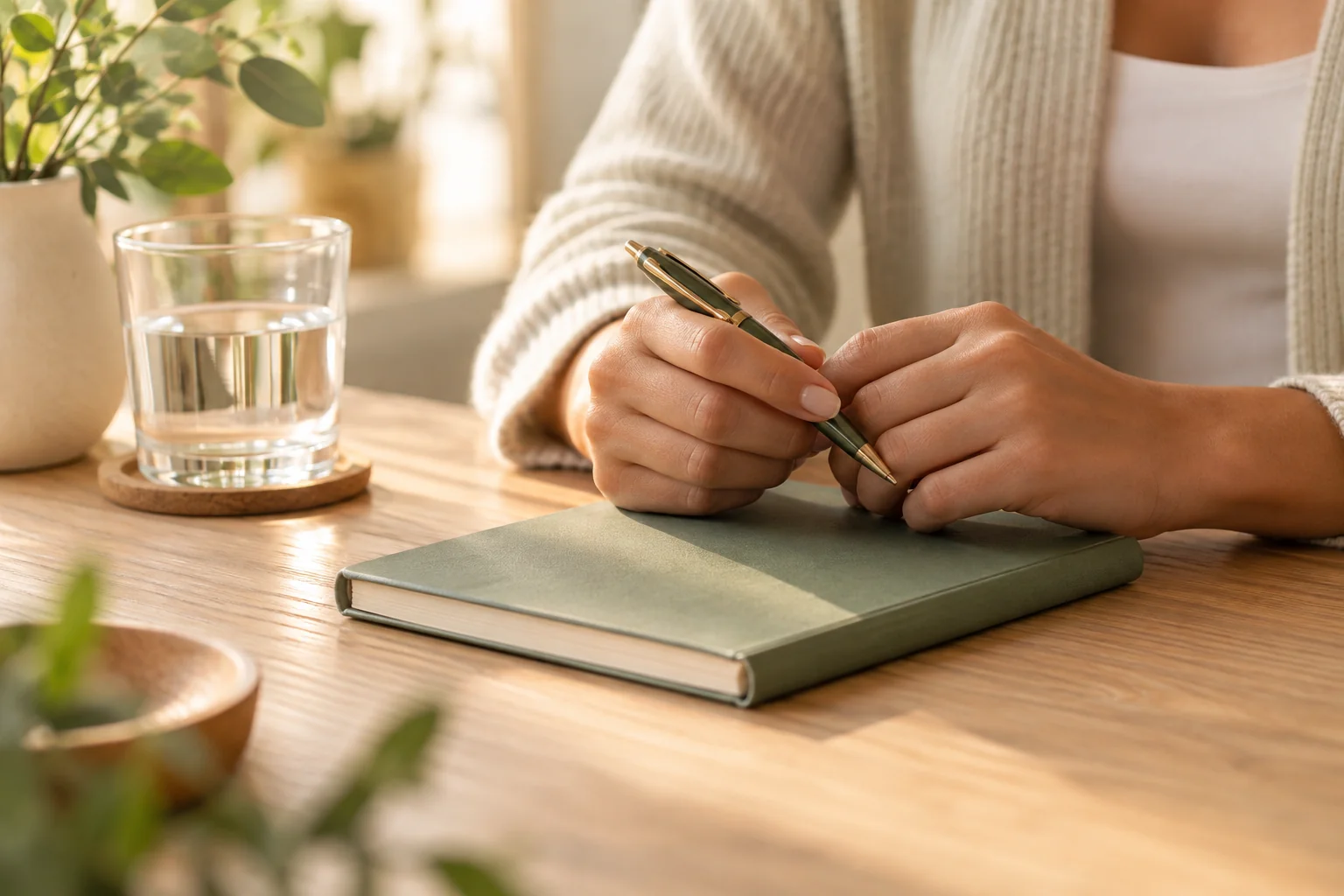 Hands holding a pen beside a closed notebook on a wooden desk