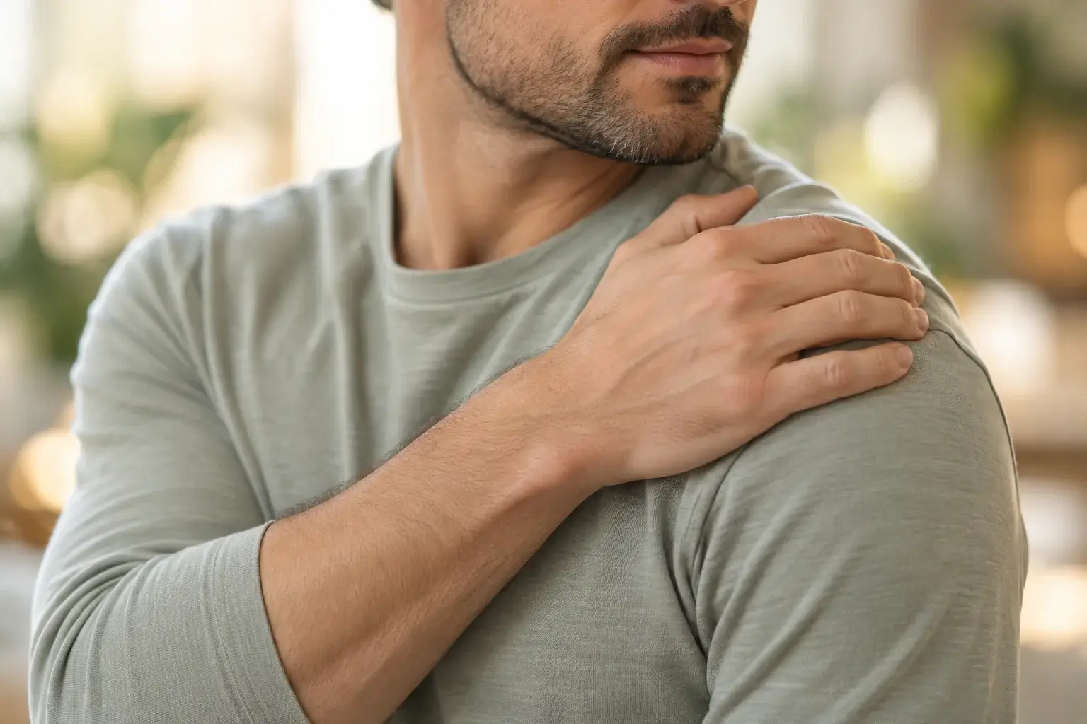 Person gently holding a shoulder over clothing