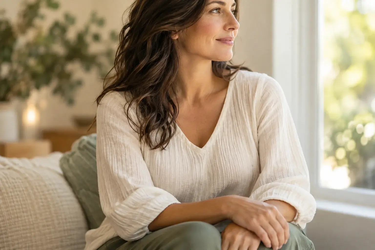 Woman sitting by a window with hands resting naturally on her lap