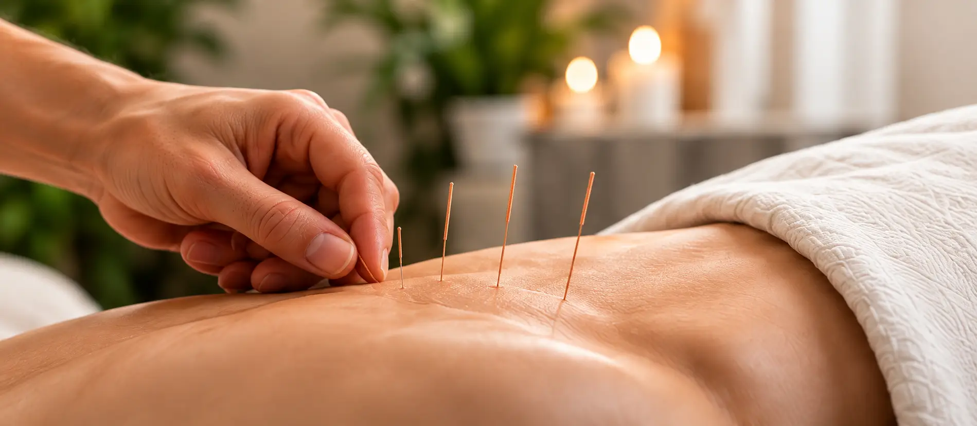 Concept photograph of a practitioner placing acupuncture needles.